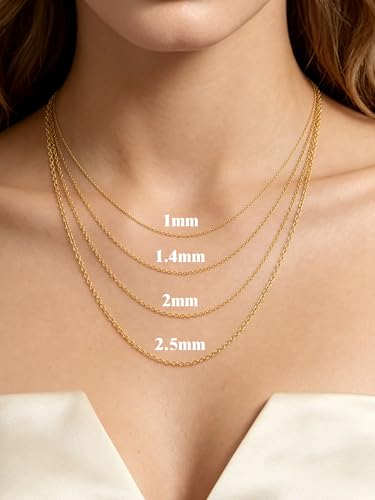 FOCALOOK Womens Chain Necklace, 1/1.4/2mm Thin Cable Link Necklace Chain | Hypoallergenic 316L Stainless Steel, Non Tarnish, Sturdy Chain for Pendants, 14K Gold Plated/Silver/Rose Gold/Black, 14-30" - color: 1mm 14K Gold Plated, size: 20 Inch