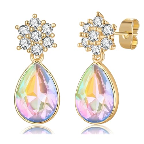 Elegant Austrian Crystal Teardrop Dangle Earrings for Women,14K Gold Plated Flower Drop Earrings Jewelry Gift for Birthday Wedding Anniversary - color: Aurora Borealis