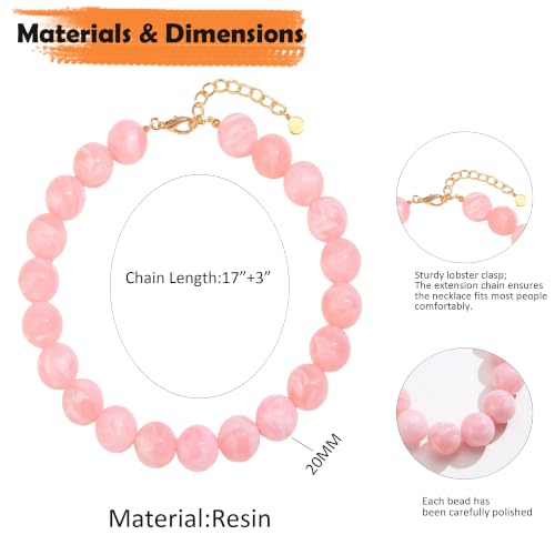 Chunky Necklaces for Women Trendy 20MM Large Resin Beaded Necklace Bold Statement Chunky Choker Necklace Boho Beads Summer Beach Jewelry - color: Pink