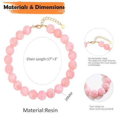 Chunky Necklaces for Women Trendy 20MM Large Resin Beaded Necklace Bold Statement Chunky Choker Necklace Boho Beads Summer Beach Jewelry - color: Pink