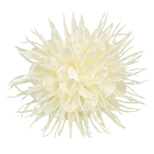 18cm/7in Dainty Spiky Fabric Flower Brooch Pin for Women Girls Elegant Crystal Colorful Pom-Pom Fluffy Floral Peony Brooches Lapel Hair Pins Trendy Party Dress Accessories Jewelry - color: Beige