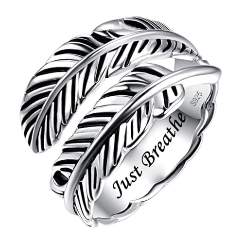 AVECON S925 Sterling Silver Turquoise/Labradorite/Just Breathe/Onyx Rings | Hypoallergenic Adjustable Open Feather Gift Women Men Thumb Spoon Statement Western Band Jewelry for Anniversary - color: Silver-Just Breathe