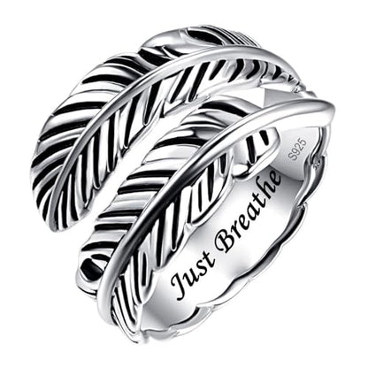 AVECON S925 Sterling Silver Turquoise/Labradorite/Just Breathe/Onyx Rings | Hypoallergenic Adjustable Open Feather Gift Women Men Thumb Spoon Statement Western Band Jewelry for Anniversary - color: Silver-Just Breathe