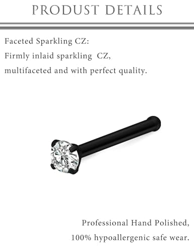 Hoeudjo Hypoallergenic Nose Rings Studs 24G Surgical Stainless Steel Cubic Zirconia Nose Studs for Women Men Screw & Bone & L Shaped Nostril Piercing Jewelry with 1.5mm 2mm 2.5mm 3mm CZ - color: black,nose bone studs