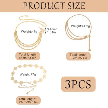 3 Pcs Gold Chain Belt for Women, Adjustable Waist Chain with Clover Butterfly Disc Pendants, Body Jewelry, Boho Belts for Women, Summer Beach Party - color: Gold