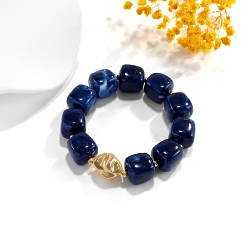 VIBILIA Chunky Beaded Bracelet for Women Multicolor Big Resin Acrylic Bead Elastic Stretch Bracelet, Trendy Statement Bracelets Boho Summer Beach Vacation Charm Jewelry - color: Square-Blue