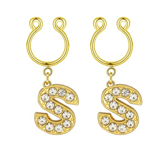 2Pcs Fake Nipple Rings Name Initial Letter Nipple Clamps for Women Non Piercing Beginner Cubic Zirconia Non Piercing Nipple Jewelry - color: S