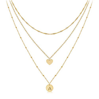 Layered Initial Choker Necklaces Handmade 14K Gold Plated Dainty Heart Personalized Letter Disc Pendant Layering Gold Necklaces for Women Gift Jewelry,Valentines Day Gifts for Mom Wife Girlfriend - style: Letter-A