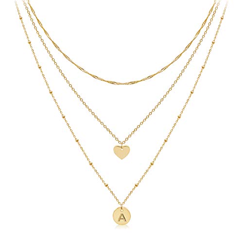 Layered Initial Choker Necklaces Handmade 14K Gold Plated Dainty Heart Personalized Letter Disc Pendant Layering Gold Necklaces for Women Gift Jewelry,Valentines Day Gifts for Mom Wife Girlfriend - style: Letter-A