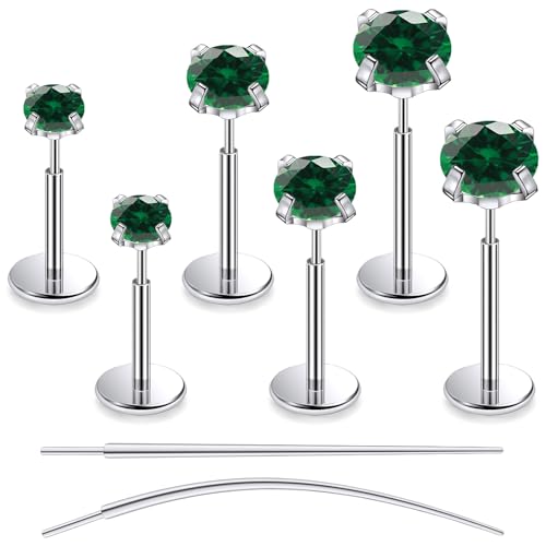 F136 Titanium 20/18/16G Earrings Nose Lip Rings Medusa Tragus Cartilage Helix Labret Flat Back Threadless Implant Grade Stud Piercing Jewelry for Women - color: Green CZ, size: 20g*6/7/8mm*2/3/4mm