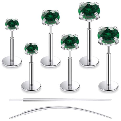 F136 Titanium 20/18/16G Earrings Nose Lip Rings Medusa Tragus Cartilage Helix Labret Flat Back Threadless Implant Grade Stud Piercing Jewelry for Women - color: Green CZ, size: 20g*6/7/8mm*2/3/4mm