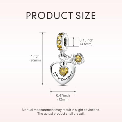 BLUELUNE Birthstone Charms, 925 Sterling Silver Dangle Charm with 5A Cubic Zirconia for Bracelets or Necklaces, Birthday, Mother's Day Present for Women - color: November