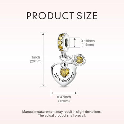 BLUELUNE Birthstone Charms, 925 Sterling Silver Dangle Charm with 5A Cubic Zirconia for Bracelets or Necklaces, Birthday, Mother's Day Present for Women - color: November