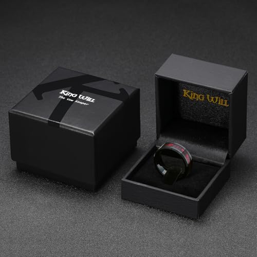 King Will Tungsten Wedding Band Wood Inlay for Men Black Beveled Edge | Black, 8mm, Beveled Edge, Comfort Fit, Wood inlay, Promise Gift - color: Black-Red