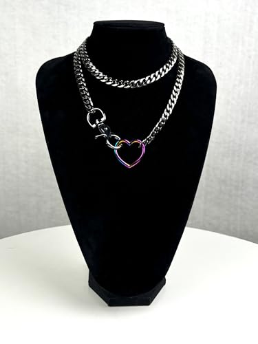 paloli Women's Slip Chain Rainbow Heart O-Ring Chunky Chain Necklace, Rays Cuban Long Layered Jewelry, Adjustable Lariat Y-Necklace Heart Loop Choker - color: D-Heart-Black-Rainbow