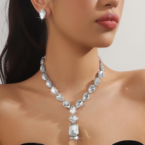 Fashion Colorful Green Silver Bridal Teardrop Crystal Necklace Earrings Set Square Necklace Pendant Crystal Wedding Jewelry for Women Exaggeration Halloween Choker Necklace Earrings Set for Women - color: Silver