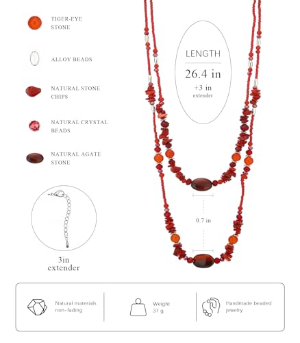 Noessla Boho Long Beaded Necklaces for Women Double Layer Chunky Irregular Stone Beads Strand Statement Jewelry Mothers Day Gifts - color: Red
