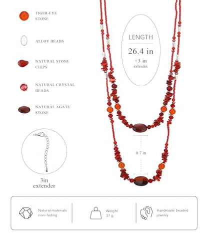Noessla Boho Long Beaded Necklaces for Women Double Layer Chunky Irregular Stone Beads Strand Statement Jewelry Mothers Day Gifts - color: Red