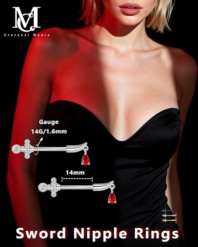 Sword Nipple Rings 316L Stainless Steel Dangle Nipple Piercing Jewelry 14G Dagger Nipple Barbells 14mm Nipple Piercing Rings - color: Silver