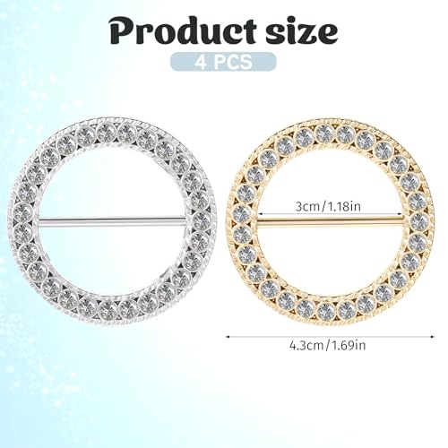 4 PCS Scarf Ring, Rhinestones Scarf Clip Shirt Ties Clips for Women Portable Waist Cinch Buckle Waist Tightener Clip Clothing Accessories for Shawl, Sweater, Dress, Pant (Gold, Silver)