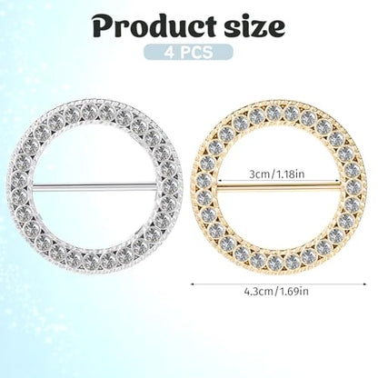 4 PCS Scarf Ring, Rhinestones Scarf Clip Shirt Ties Clips for Women Portable Waist Cinch Buckle Waist Tightener Clip Clothing Accessories for Shawl, Sweater, Dress, Pant (Gold, Silver)