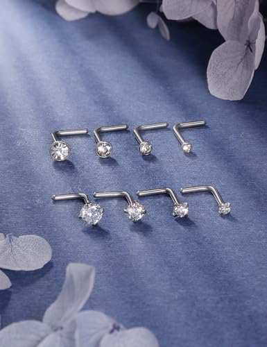 18G 20G 22G Titanium Stainless Surgical Steel Nose Rings Studs for Women L Shaped Nose Studs Screw Nose Ring Piercing Jewelry for Women Men Diamond CZ 1.5mm 2mm 2.5mm 3mm Silver Black Gold - style: 18g/Clear CZ/L-shaped/Silver