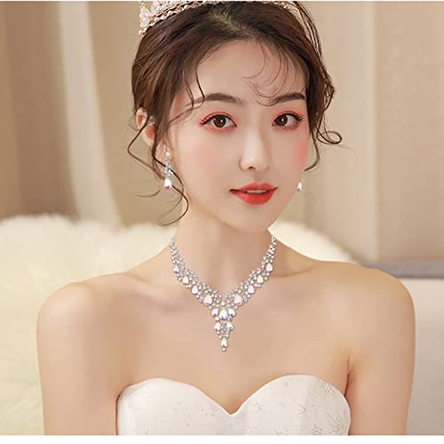 CSY Elegant Crystal Costume Jewelry Sets Flower Bridal Necklace Earrings Stretch Bangle Set for Bride Bridesmaid Wedding Dress Accessories - color: AB crystal