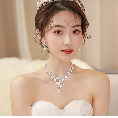 CSY Elegant Crystal Costume Jewelry Sets Flower Bridal Necklace Earrings Stretch Bangle Set for Bride Bridesmaid Wedding Dress Accessories - color: AB crystal