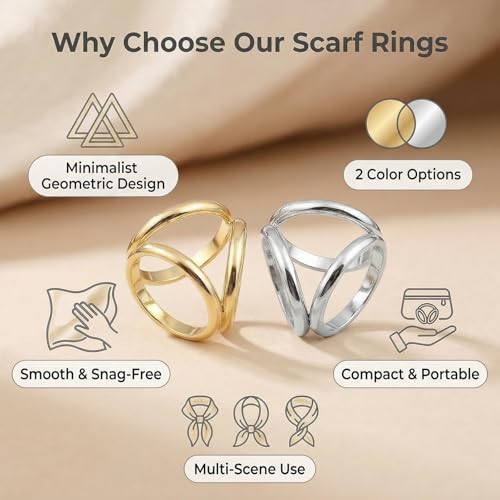 2PCS(Golden + Silver) Women Lady Girls Three Ring Fashion Scarf Ring Buckle Modern Simple Triple Slide Jewelry Silk Scarf Clasp Clips Clothing Wrap Holder