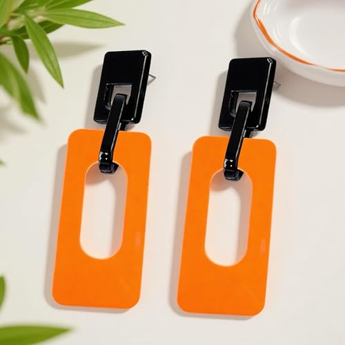 Boho Lightweight Retro Simple Acrylic Splicing Rectangle Earrings for Women Creative Exaggerated Statement Dangle Drop Earrings Jewelry - color: Black Orange