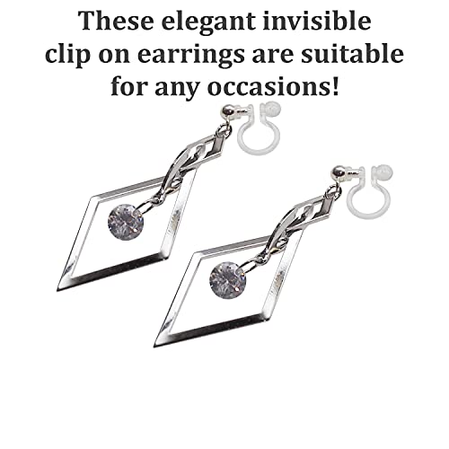 Drop Cubic Zirconia Invisible Clip On Earrings for Women Not Pierced Gold Teardrop Sqaure CZ Crystal Dangle Gold Silver Comfortable Clip On Earrings Bridal Wedding Prom - color: Diamond Silver