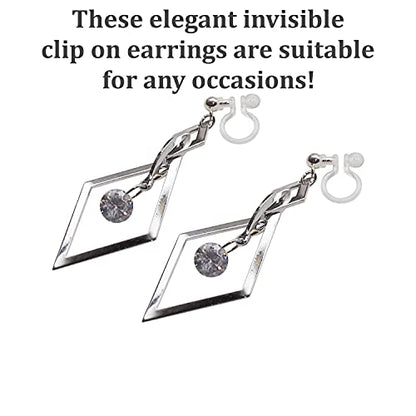 Drop Cubic Zirconia Invisible Clip On Earrings for Women Not Pierced Gold Teardrop Sqaure CZ Crystal Dangle Gold Silver Comfortable Clip On Earrings Bridal Wedding Prom - color: Diamond Silver