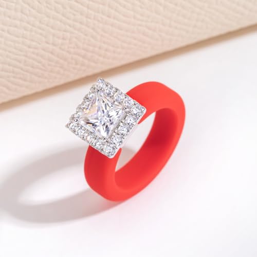 Moissanite Silicone Ring for Women, Promise Ring 925 Sterling Silver, Soft - color: Red