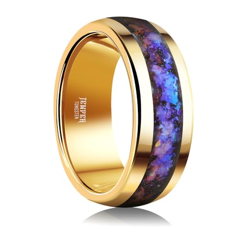 Tungsten Rings for Men Womens 8mm Black Fashion Promise Wedding Band Hammered Groove Meteorite Orbo Carbide Beveled Polished Edge Comfort Fit - color: golden blue gemstone