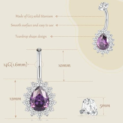 AROWRO Gold Belly Button Ring G23 Titanium Hypoallergenic 14G belly ring for Women Men Teardrop Navel Piercing Jewelry 10mm Barbell With Cubic Zircon - color: Sliver+Purple CZ