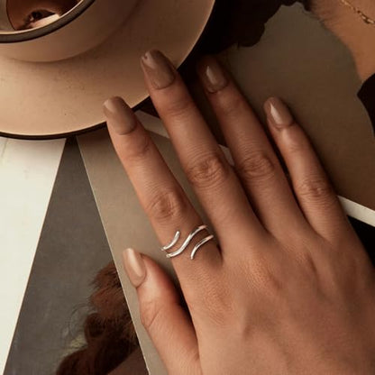 Silver Open Adjustable Stacking Rings for Women, Minimalist Wrap Band Set, Geometric/Heart/Wave/Leaf/Spiral Styles, Hypoallergenic, Gift Box Included, Thumb Ring Option - color: Simple Lines