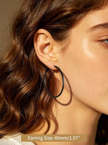 FindChic Thin Hoop Earrings for Women,Silver/Black/Gold Plated 20-100mm - color: Black, size: 40mm
