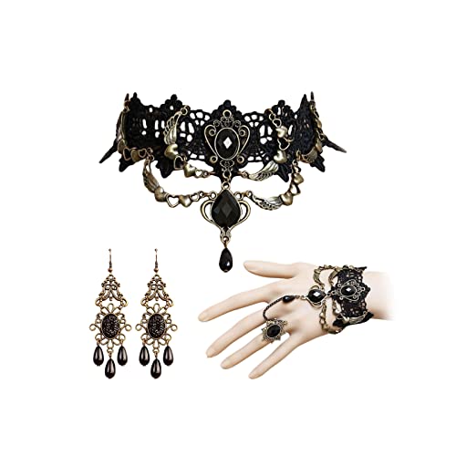 HUASAI Gothic Jewelry Set for Women, Black Lace Choker Necklace Earrings Bracelet Ring Set, Halloween Costume Accessories for Witch Vampire Outfits, Vintage Goth Party Jewelry - color: Set E