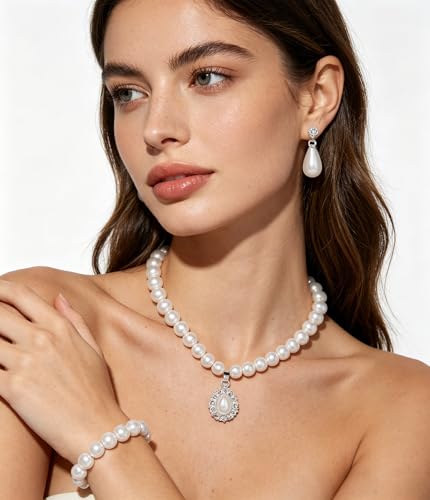 CSIYANJRY99 Pearl Necklace and Earring Set Faux Pearl Jewelry Sets for Women Imitation Beaded Pearl Necklace Bracelet Stud Earrings for Women - color: B