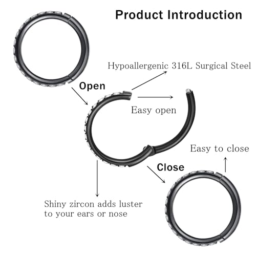 ORANGELOVE 20G 18G 16G Clear CZ Nose Ring Hoop 316L Surgical Steel Seamless Silver Septum Ring Clicker Jewelry Cartilage Earring Ear Piercing Hoop Earrings for Women Men Helix Rook Lobe Conch Tragus Daith Lip Hinged Piercing Jewelry with Cubic Zirconia -