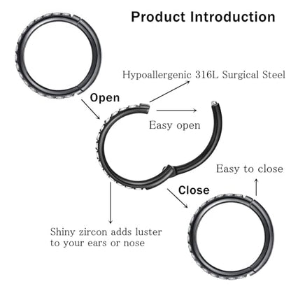ORANGELOVE 20G 18G 16G Clear CZ Nose Ring Hoop 316L Surgical Steel Seamless Silver Septum Ring Clicker Jewelry Cartilage Earring Ear Piercing Hoop Earrings for Women Men Helix Rook Lobe Conch Tragus Daith Lip Hinged Piercing Jewelry with Cubic Zirconia -