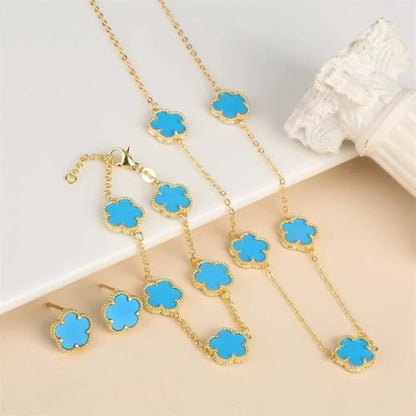14K Gold-Filled Clover Necklace For Women - Classic Five-Leaf Flower Set Bracelet Necklace Earrings Jewelry Set, Five Leaf Clover Necklaces Dainty Lucky Clover Jewelry - color: Blue - Clover Necklace