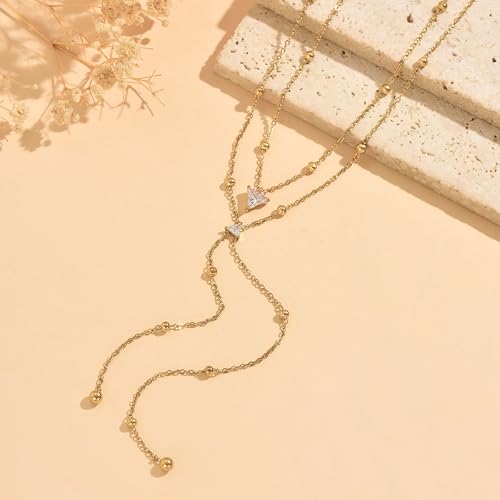 Dainty 18K Gold Plated Lariat Necklace for Women Delicate Y Chain Rose Pearl Diamond Long Drop Necklace Layering Bridal Jewelry Gift - color: 2 Layered Bead CZ-Gold
