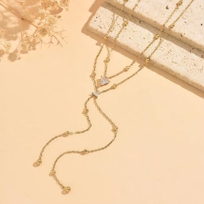 Dainty 18K Gold Plated Lariat Necklace for Women Delicate Y Chain Rose Pearl Diamond Long Drop Necklace Layering Bridal Jewelry Gift - color: 2 Layered Bead CZ-Gold