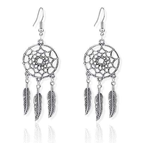 KaFu Woman Retro Silver BOHO Style Metal Dangle Drop Earrings Dream Catcher Statement Feather Dangle Tassels Turquoise Earrings for Women Girls - color: Silver-2