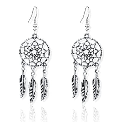 KaFu Woman Retro Silver BOHO Style Metal Dangle Drop Earrings Dream Catcher Statement Feather Dangle Tassels Turquoise Earrings for Women Girls - color: Silver-2