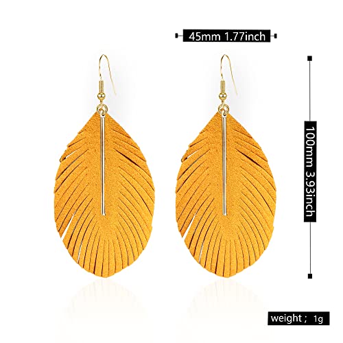 YUNXI Large Genuine Soft Leather Handmade Fringe Feather Lightweight Leaf with Simple Drop Metal Bar Tear Drop Dangle Color Earrings for Women - color: Yellow