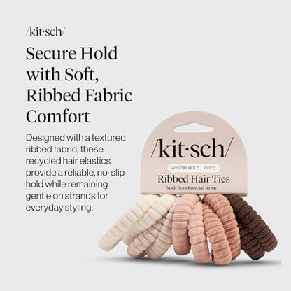 Kitsch Ribbed Hair Ties No Damage - Blush, 10pcs | Strong, Stretchy & Snag-Free Hair Bands – Soft Fabric Ponytail Holders, Stylish Elastics for Everyday Hairstyles - color: Blush Ribbed (Pack of 10)