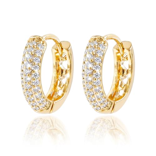 CZ Huggie Hoop Earrings for Women 14K Gold Plated Cubic Zirconia Dainty Simple Cute Small Circle Minimalist Elegant Hypoallergenic Fashion Jewelry 15mm [RER-CZ] - color: Gold