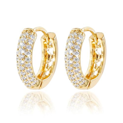 CZ Huggie Hoop Earrings for Women 14K Gold Plated Cubic Zirconia Dainty Simple Cute Small Circle Minimalist Elegant Hypoallergenic Fashion Jewelry 15mm [RER-CZ] - color: Gold
